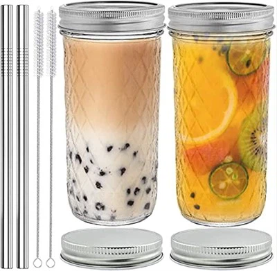 Pahar de sticla cu capace si paie 650ML