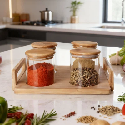 Depozitare din sticlă rotundă în 4 piese cu tavă de lemn